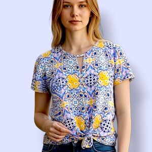 🌞 Short Sleeve Lavender and Yellow Tie Front Top by Pink Rose